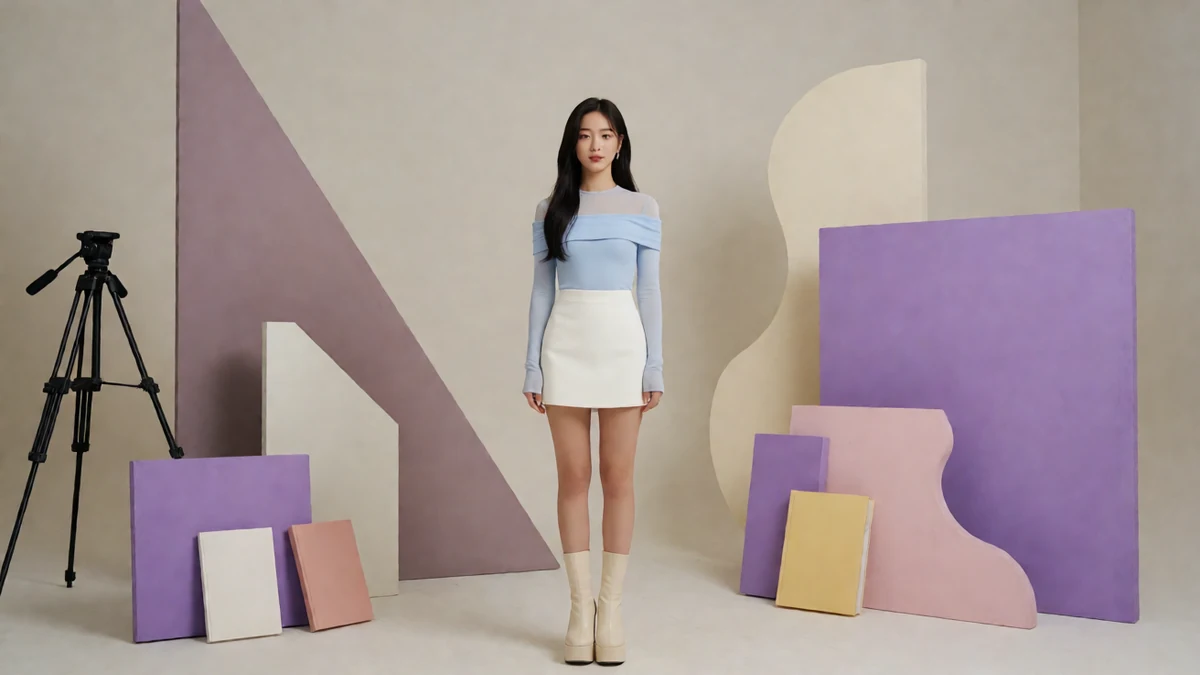 女优目录主题图:成年女子穿浅蓝上衣和白裙站在紫色几何影棚前