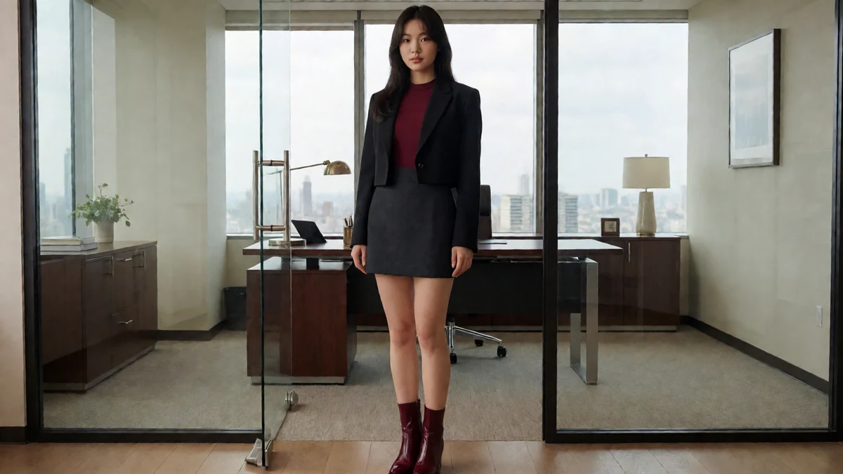 职场题材主题图:成年女子穿黑外套和酒红短裙站在玻璃办公室